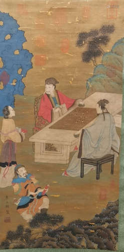 Chinese Li Gonglin'S Painting Of Playing Chess On Silk