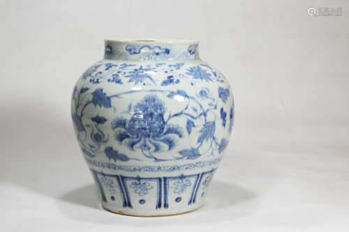 Chinese Blank Period Of Ming Dynasty Blue And White Peony Flower Pattern Porcelain Jar