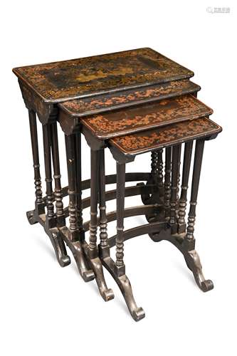 A nest of four Chinese export papier mache and chinoiserie decorated tables, mid 19th century,