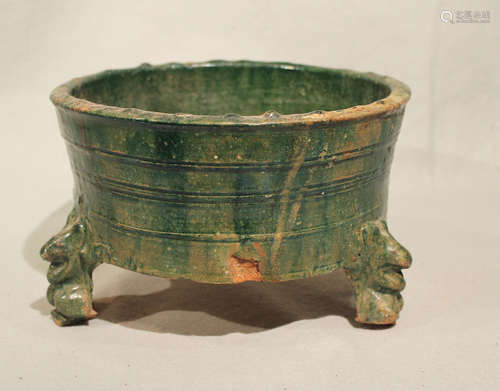 A Chinese green glazed pottery tripod large censer, Han Dynasty,