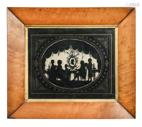 A Regency reverse glass painted silhouette group of the Burney family,