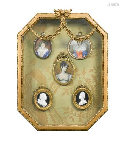 A 19th century gilt wood display case containing five assorted portrait miniatures,