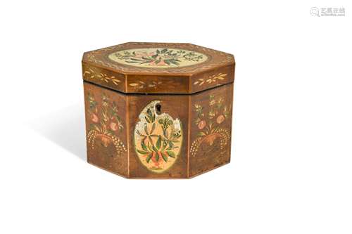 A late George III decorated mahogany tea caddy,