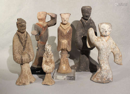 A Group of six Chinese painted pottery standing figures of attendants and dancers,