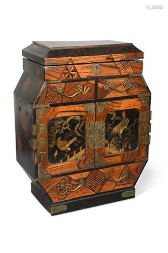 A Japanese parquetry and lacquered table cabinet or kodansu, Meiji,