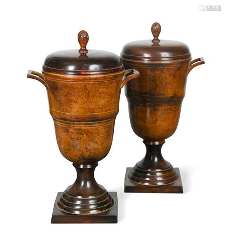 A pair of painted tole-ware urns and covers, modern,