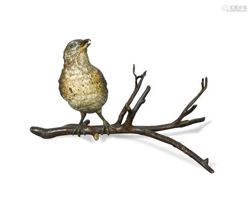 An Austrian cold painted bronze inkwell as a song thrush on a cherry branch by Franz Bergmann,