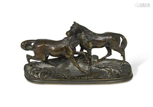 After Pierre-Jules Mêne (French, 1810–1879), a miniature bronze group,