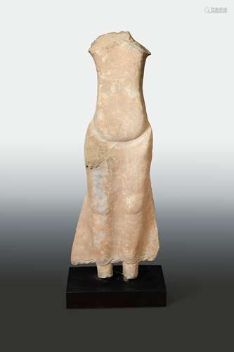 A Chinese pale grey stone figure of a Buddha, torso and legs, Northern Qi Dynasty style,