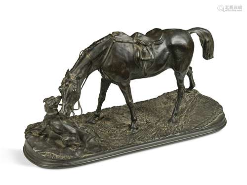 Pierre-Jules Mêne (French, 1810–1879), a bronze group of a horse and a dog,