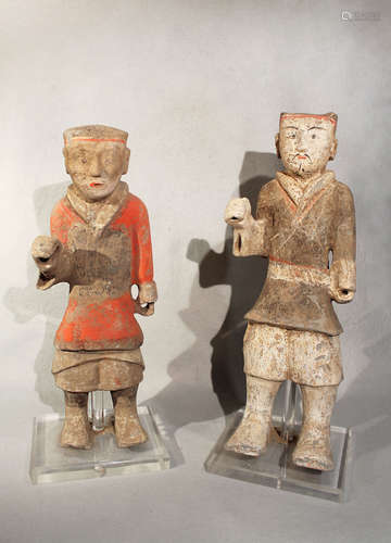 Two Chinese painted pottery standing attendants/guards, perhaps Han Dynasty,