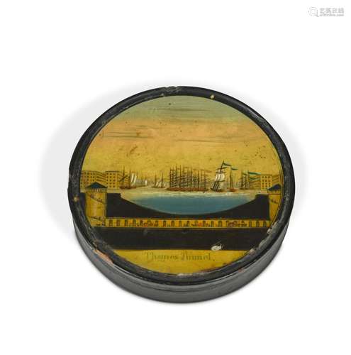 A 19th century papier maché Thames Tunnel souvenir snuff box,