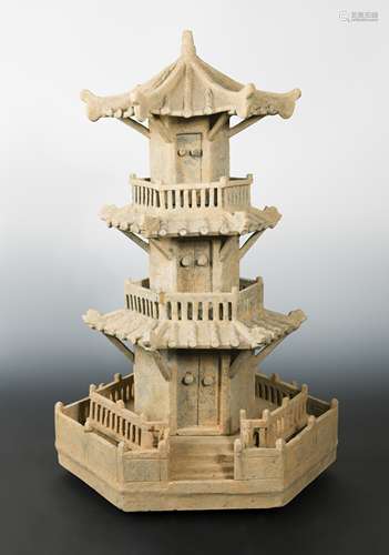 A Chinese grey pottery three storey watch-tower, probably Han Dynasty,