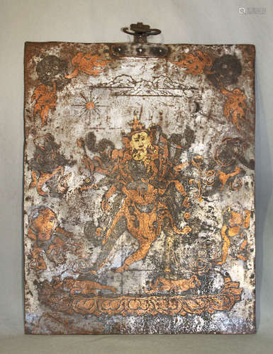 A Tibetan copper and gold inlaid steel plaque depicting Chakrasamvara, 18th/19th century,