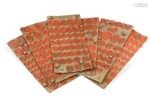 Six sheets of 19th century red wax seals,