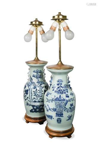 A pair of Chinese blue and white lamps, 20th century,