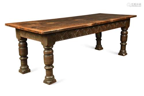 A large oak and two plank top refectory table, 18th century,