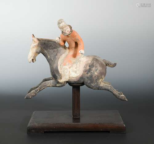 A Chinese painted pottery polo equestrian group, in Tang Dynasty style,