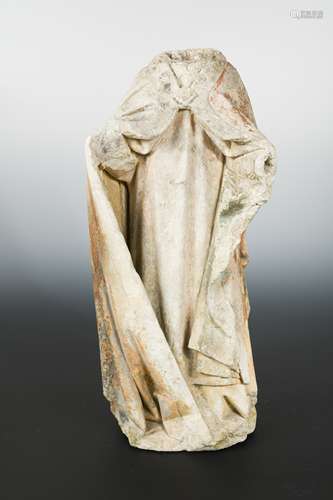 A French carved limestone torso fragment of an enrobed bishop saint,