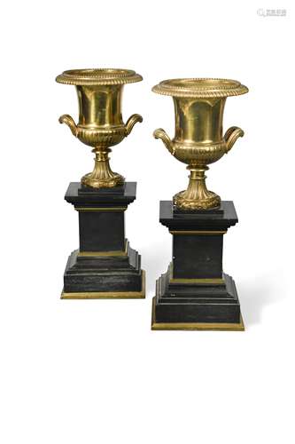 A pair of 19th century Continental gilt bronze and marble mounted twin handled urns,