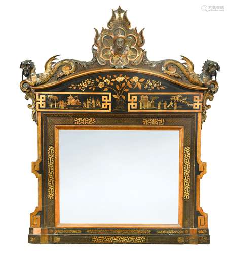 An impressive North Italian Lacca and parcel gilt Chinoiserie mirror c. 1880, probably Venice,