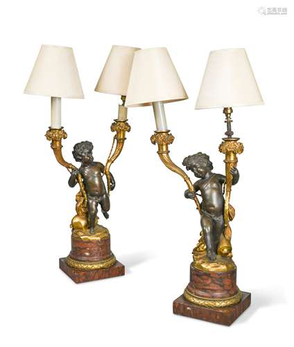 A pair of French late 19th century bronze and gilt-bronze two-branch candelabra,