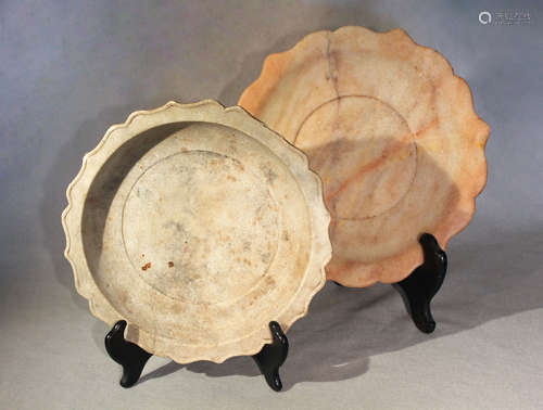 A Chinese turned and carved white marble barbed circular shallow dish, possibly late Tang Dynasty,