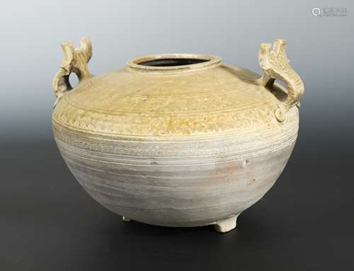 A Chinese olive glazed pottery jar, probably Warring States (475-221 BC),