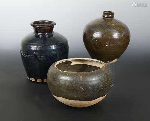 A group of three Chinese pots, a black glazed vase, Henan type, Song style,