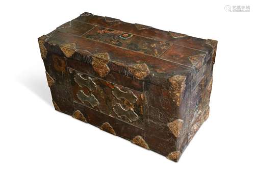 A Tibetan leather covered document chest, probably 18th century,