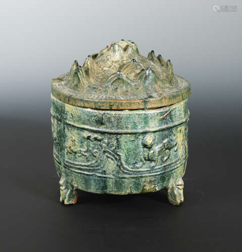 A Chinese green-glazed pottery incense burner and cover, Boshanlu, Han Dynasty,