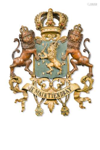 A carved, painted and parcel-gilt coat of arms of the Netherlands, 19th century,