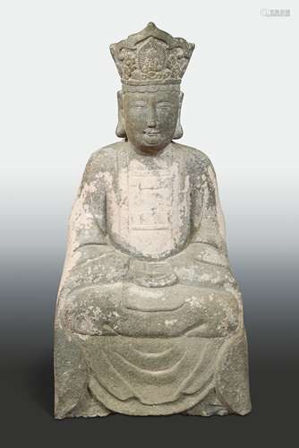 A Chinese grey stone seated figure of Maitreya, in Tang style, crowned,