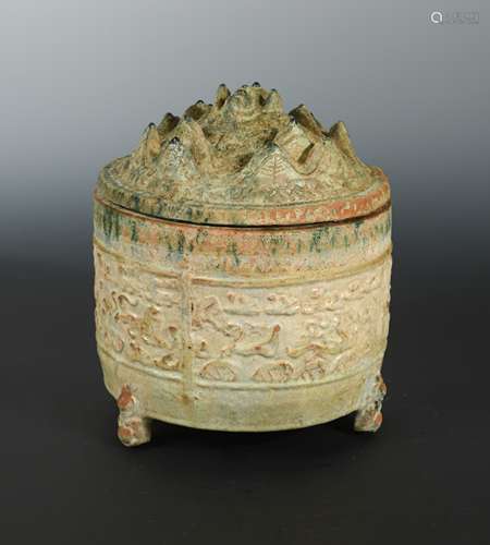 A Chinese green-glazed pottery incense burner and cover, Boshanlu, Han Dynasty,