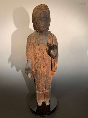 A Chinese carved wood standing figure of Buddha in Song Dynasty style,