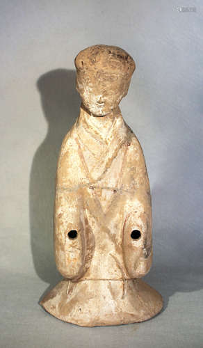 A Chinese painted pottery standing lady tomb attendant, perhaps Han Dynasty,