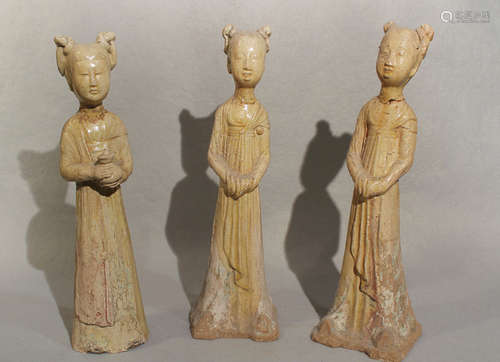 Three Chinese straw glazed pottery standing slender tomb ladies, Sui Dynasty type,