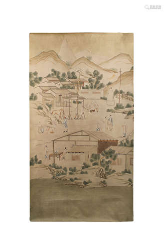 Three Chinese painted wallpaper sections,