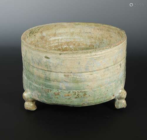 A Chinese green glazed pottery tripod large censer, Han Dynasty,