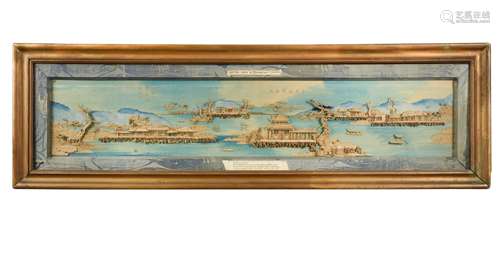 A Chinese carved cork on silk panoramic bas-relief view of Dawn on the Su Causeway in Spring but