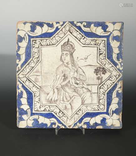 A Qajar large pottery tile, centrally painted with a Persian princess, c. 1900,