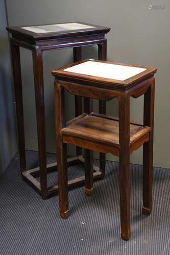 Two Chinese hardwood and marble inset stands