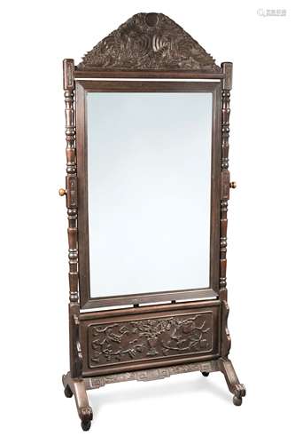 Chinese hardwood cheval mirror, 19th century,