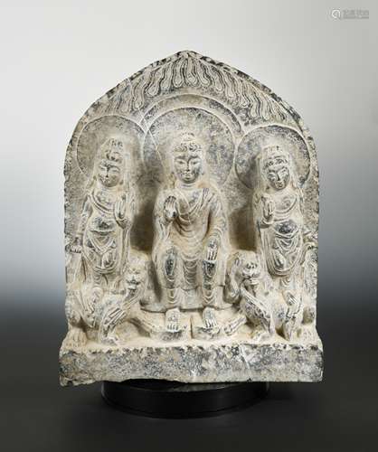 A Chinese limestone Buddha triad group stele, in Northern Wei Dynasty style,