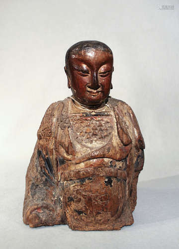 A Chinese carved and painted wood bust of Wudi, God of War, probably late Ming Dynasty (1368-1644),