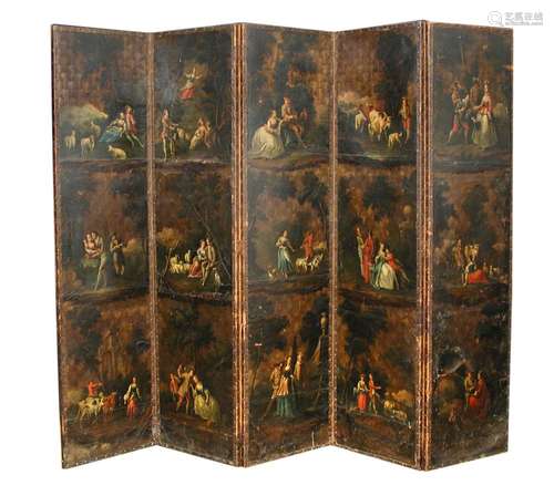 A large leather five fold painted screen, mid 18th century,