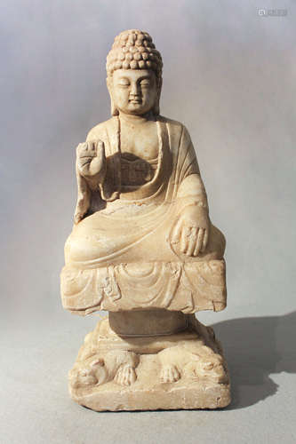 A Chinese carved white marble figure of a Buddha seated in meditation on a pedestal, in Tang