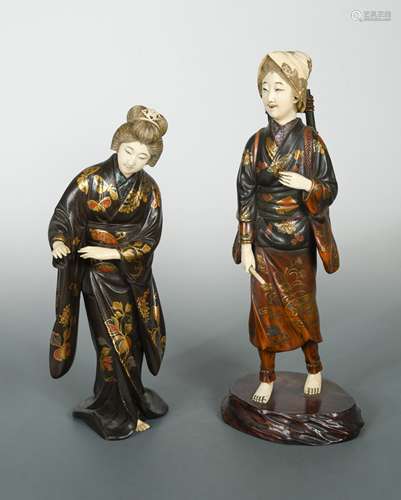 Two Japanese carved wood, lacquered and ivory mounted figures of ladies, late Meiji period circa