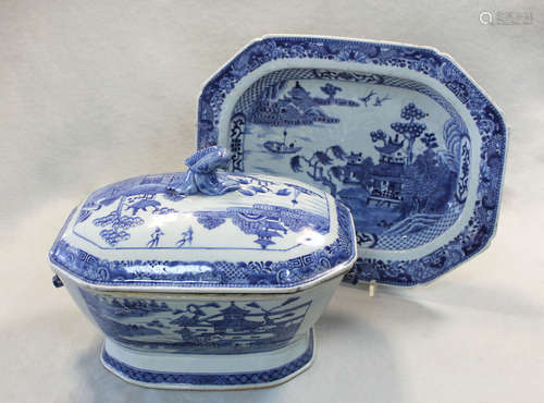 An 18th century Chinese export blue and white two-handled tureen and cover,