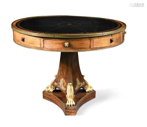 A Regency rosewood library drum table of small proportions,